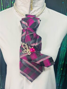 Pink and Black Plaid Necktie with Butterfly Brooch